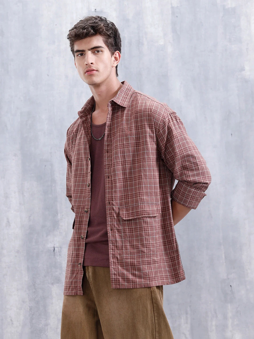 Men's Casual Oversized Fit Double Pocket Shirt | Brown