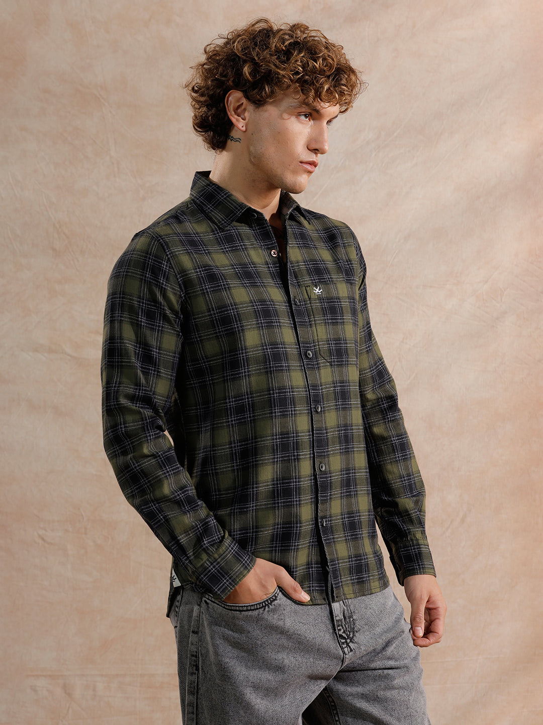 Tonal Herringbone Checked Fit Shirt | Green