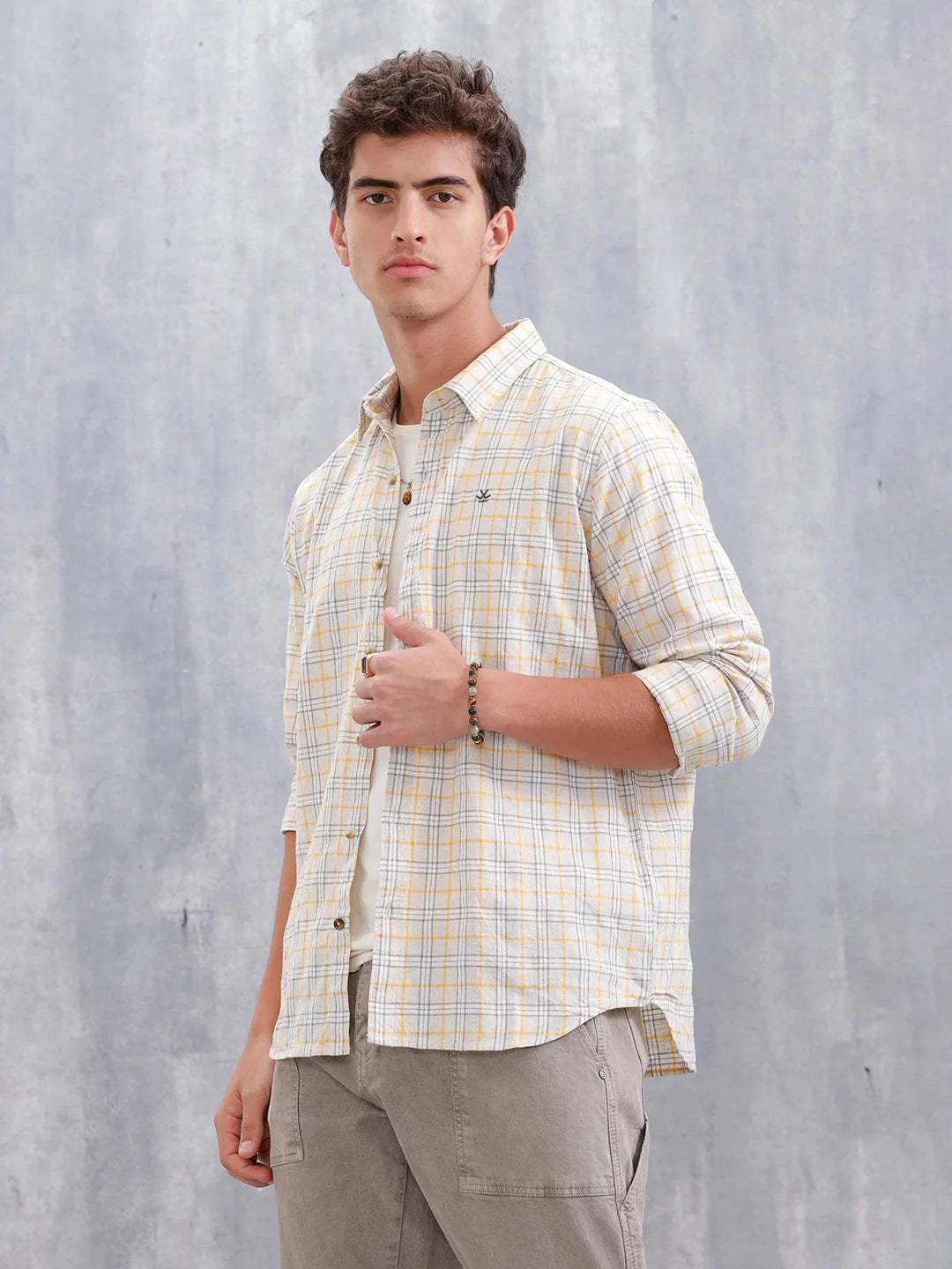 Men Checkered Pattern Slim Fit Shirt  | Beige