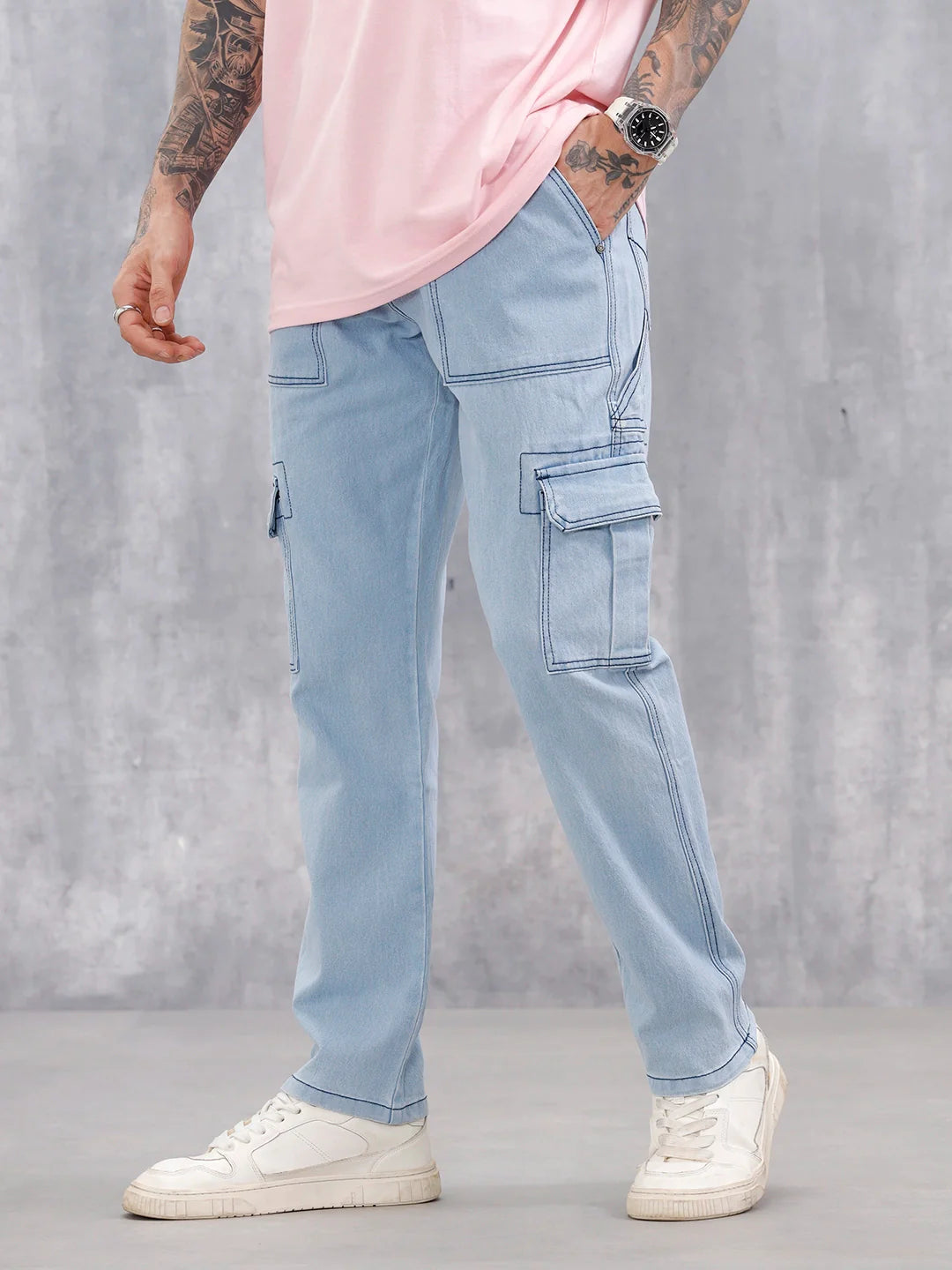 Men's Casual Cargo Fit Jeans  | Light Blue