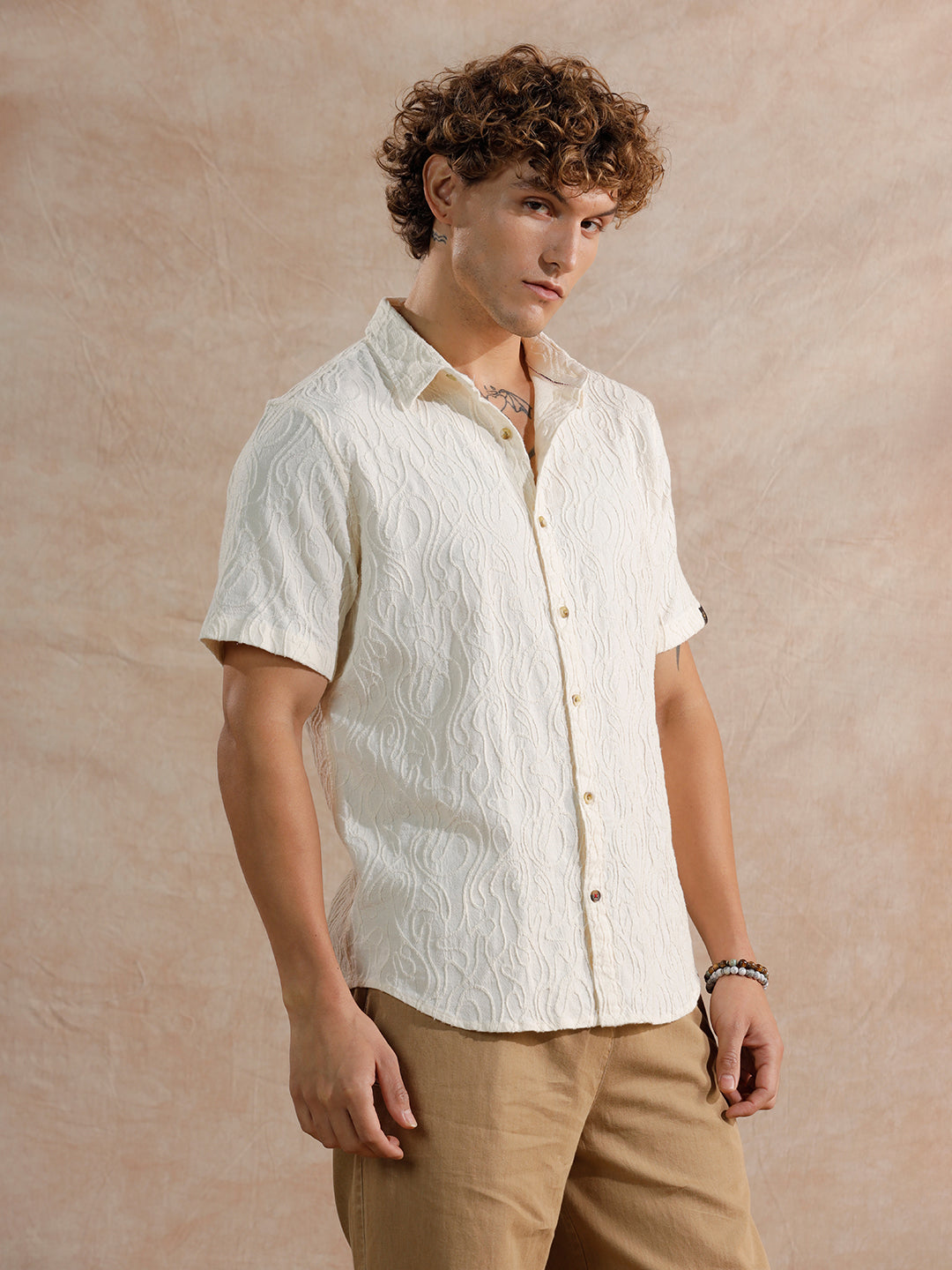 Textured Slim Fit Shirt | Off White