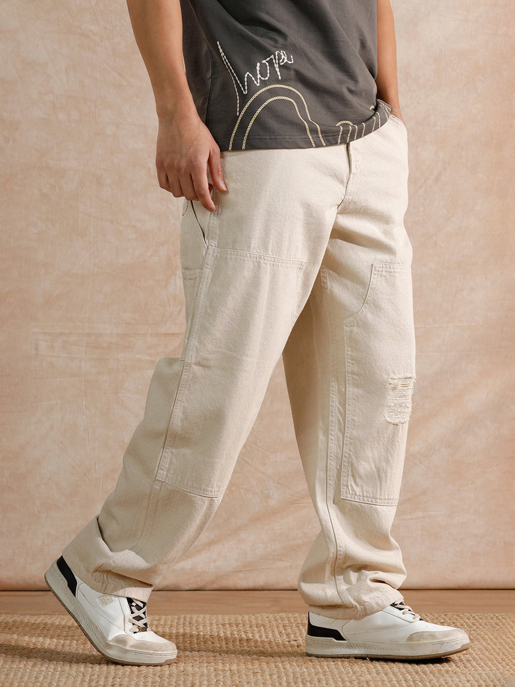 Distressed Loose Fit Trouser | Beige