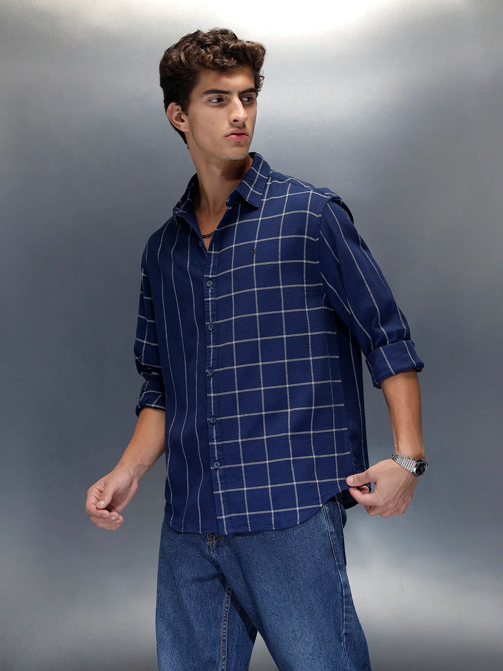 Wrogn Men's Casual Checked Shirt | Navy Blue