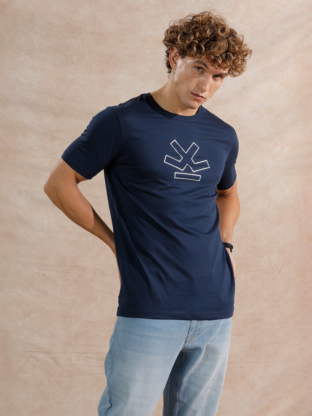 Silver Foil Print Slim Fit T-Shirt | Navy Blue