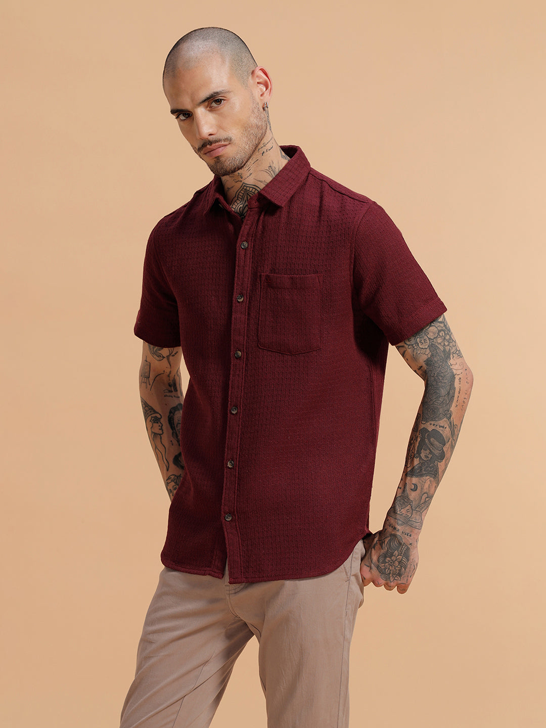 Textured Short Sleeve Shirt | Maroon