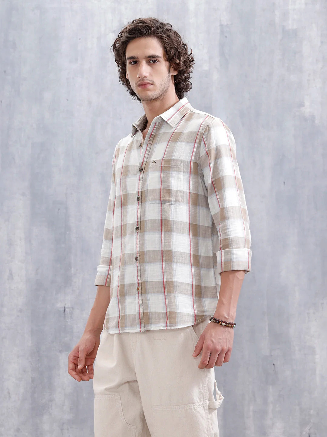 Cotton Twill Slub Checks Slim Fit Shirt | Beige