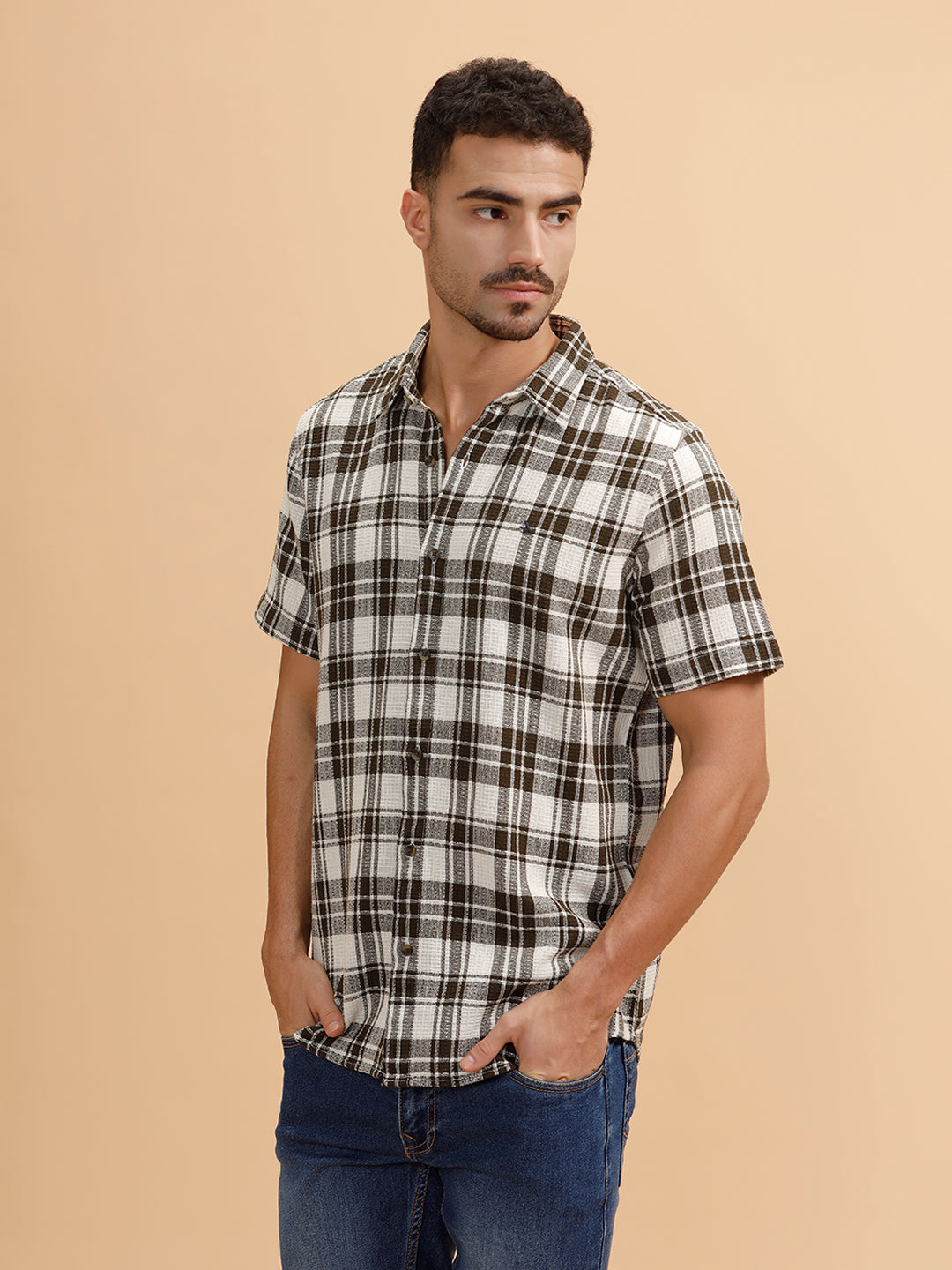 Textured Checks Regular Fit Shirt | Olive