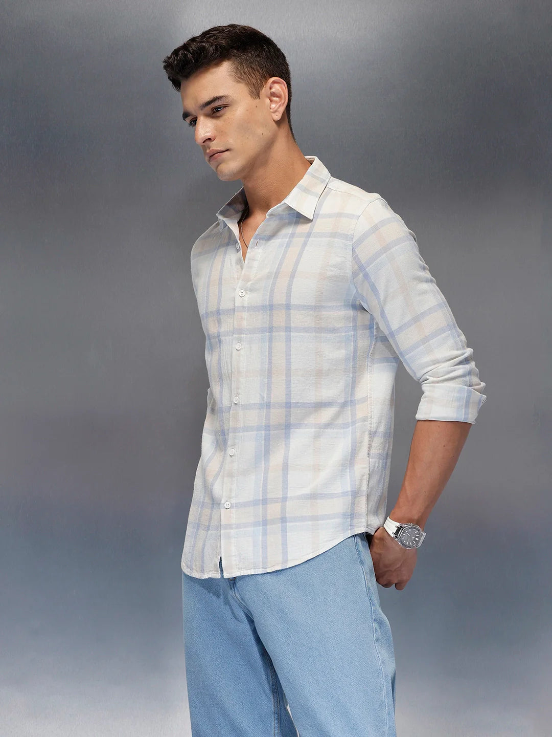 Men's casual check design slimfit shirt | Light Blue