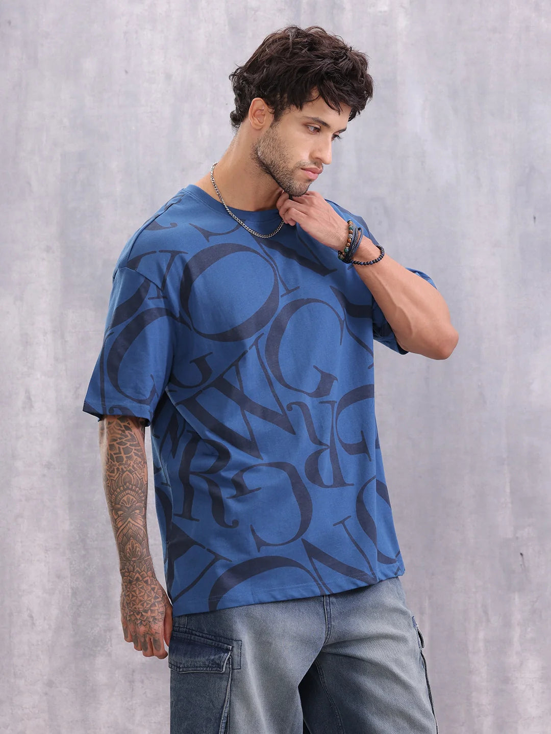 Typo Inspired Tonal Aop Oversized Fit T-shirt | Dark Blue