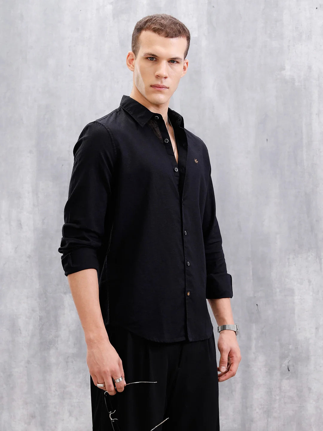 Solid Linen Blend Shirt | Black