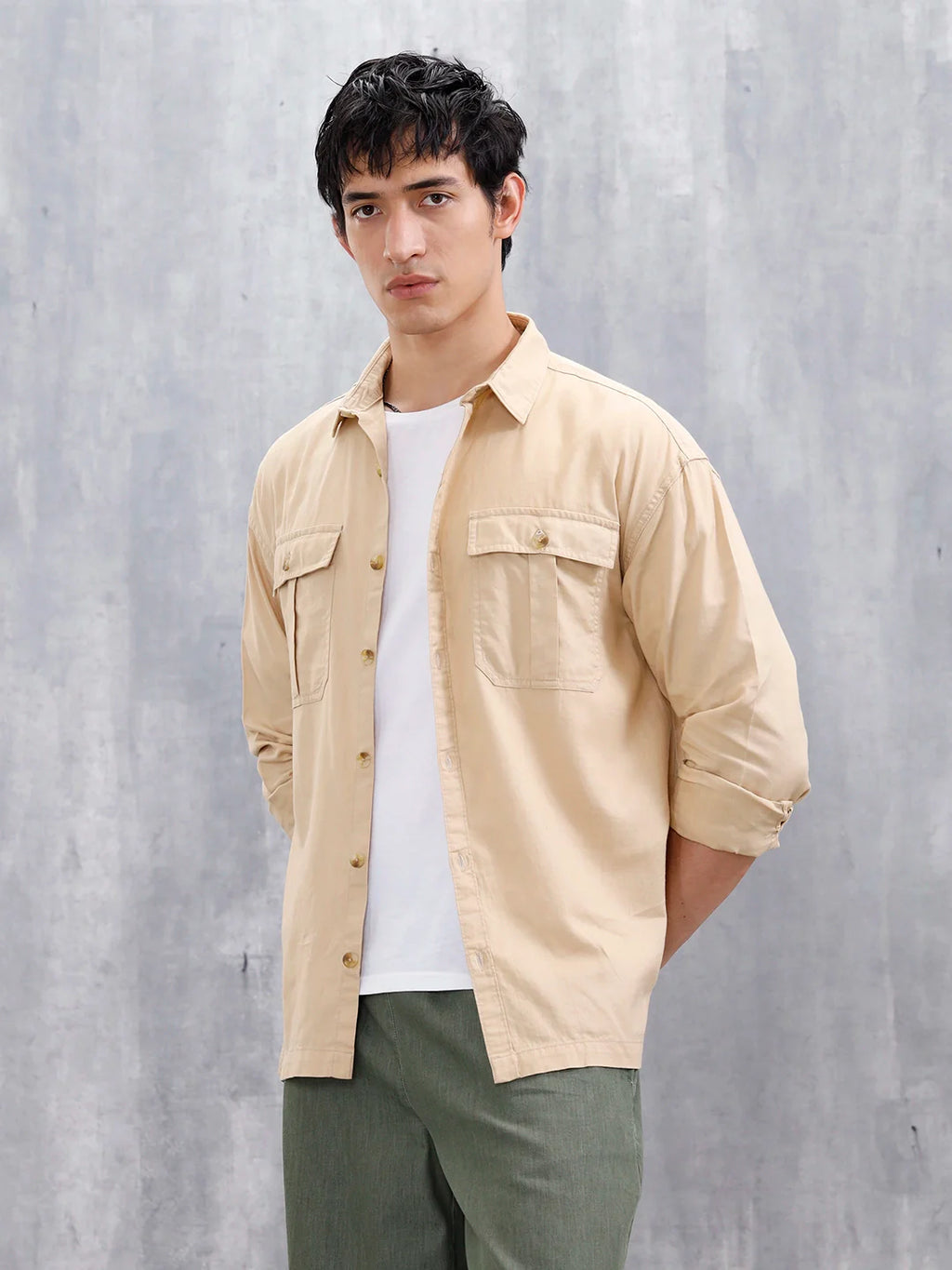 Oversized Fit Solid Shirt With Double Flap Pockets | Beige