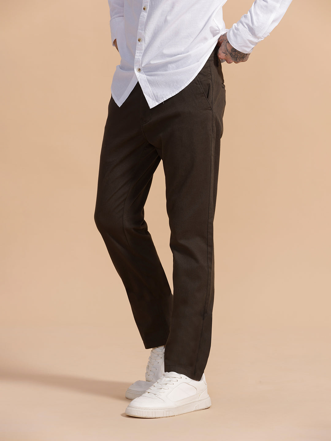 Cotton Blend Chino Trouser | Dark Green