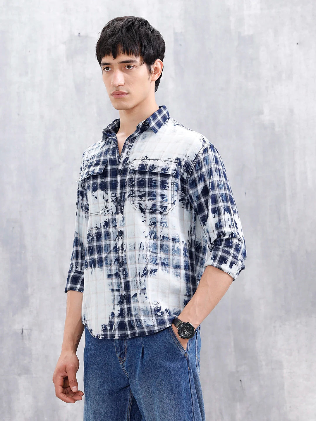 Distressed Plaid Check Shirt With Pockets | Blue