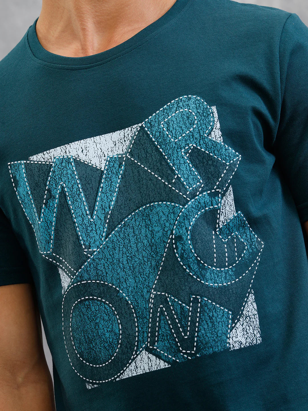 Denim Patchwork Inspired Chest Graphic T-Shirt | Teal