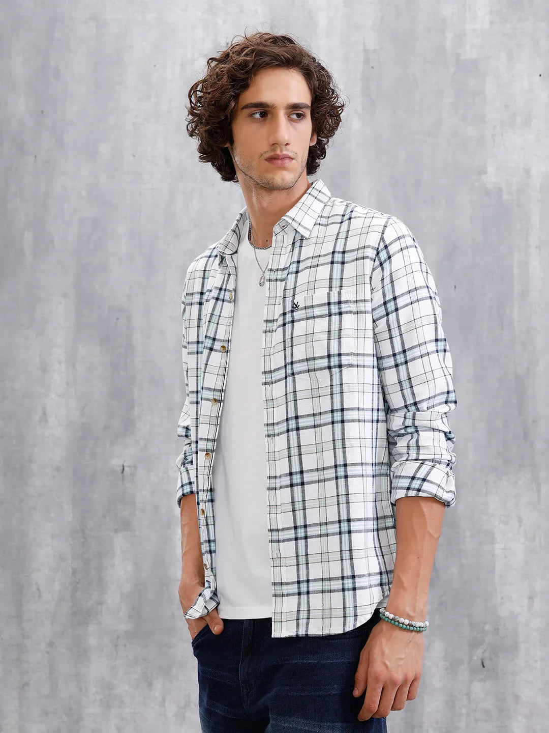 Twill Checkered Slim Fit Shirt | White