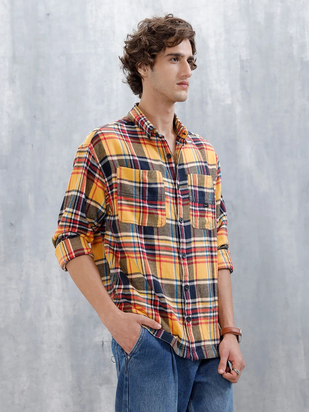 Wrogn Men's Checked Oversized Shirt | Yellow