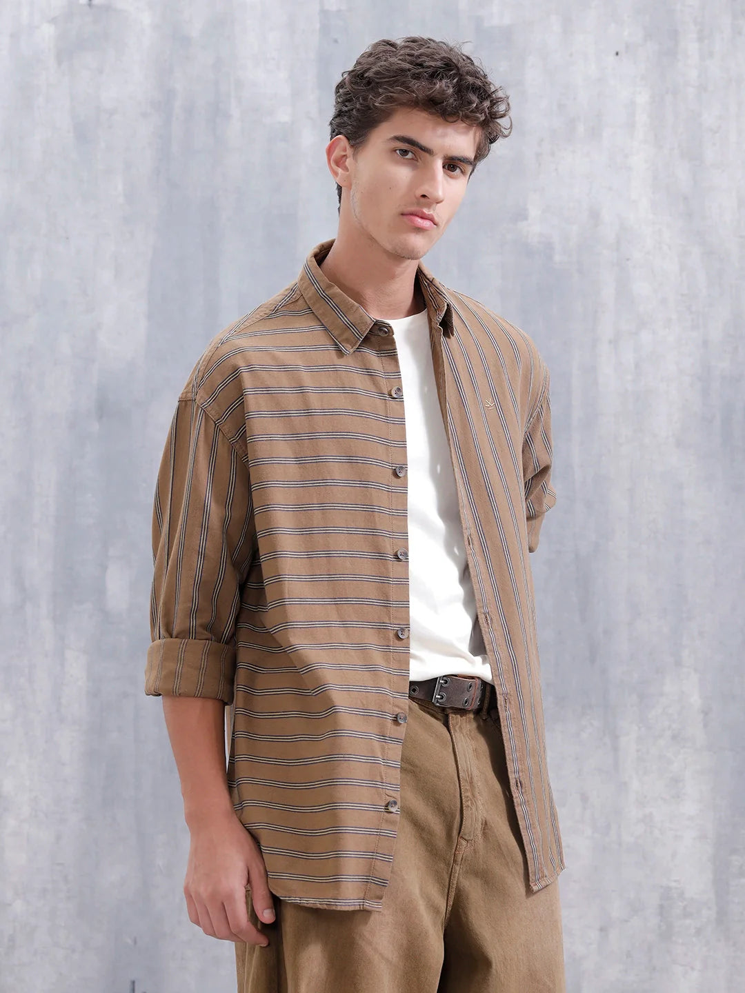 Asymmetrical Striped Oversized Shirt For Men | Brown