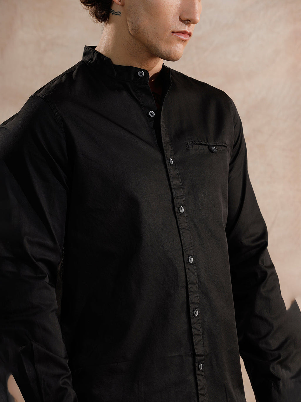 Mandarin Collar Regular Fit Shirt | Black