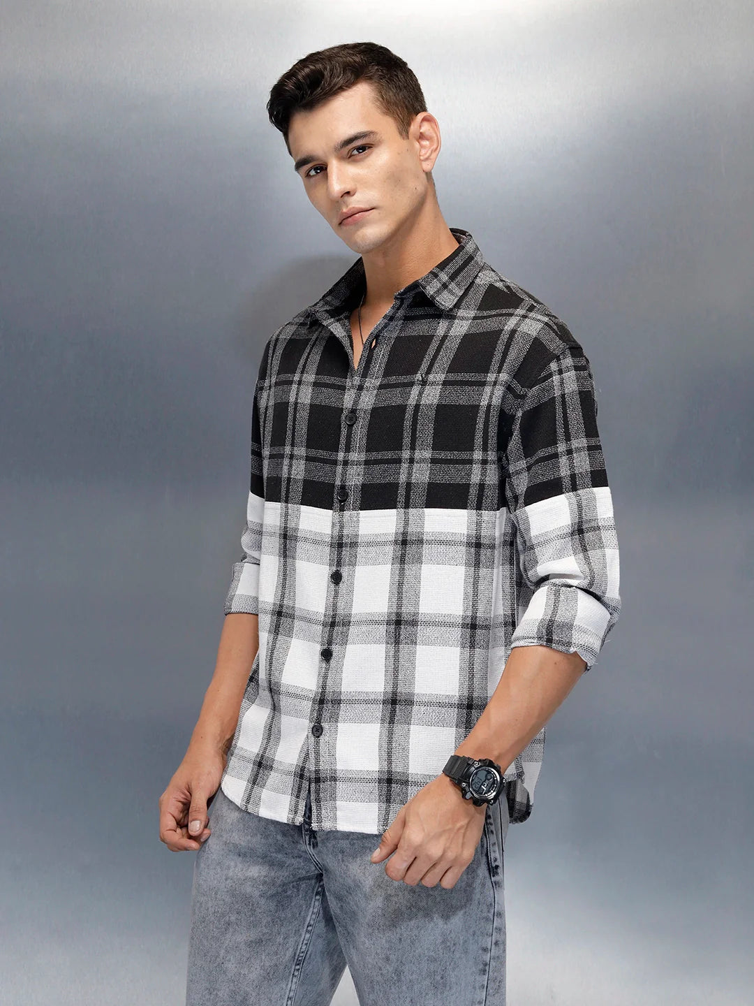 Men's Casual Oversized Fit Checkered Pattern Shirt | Black