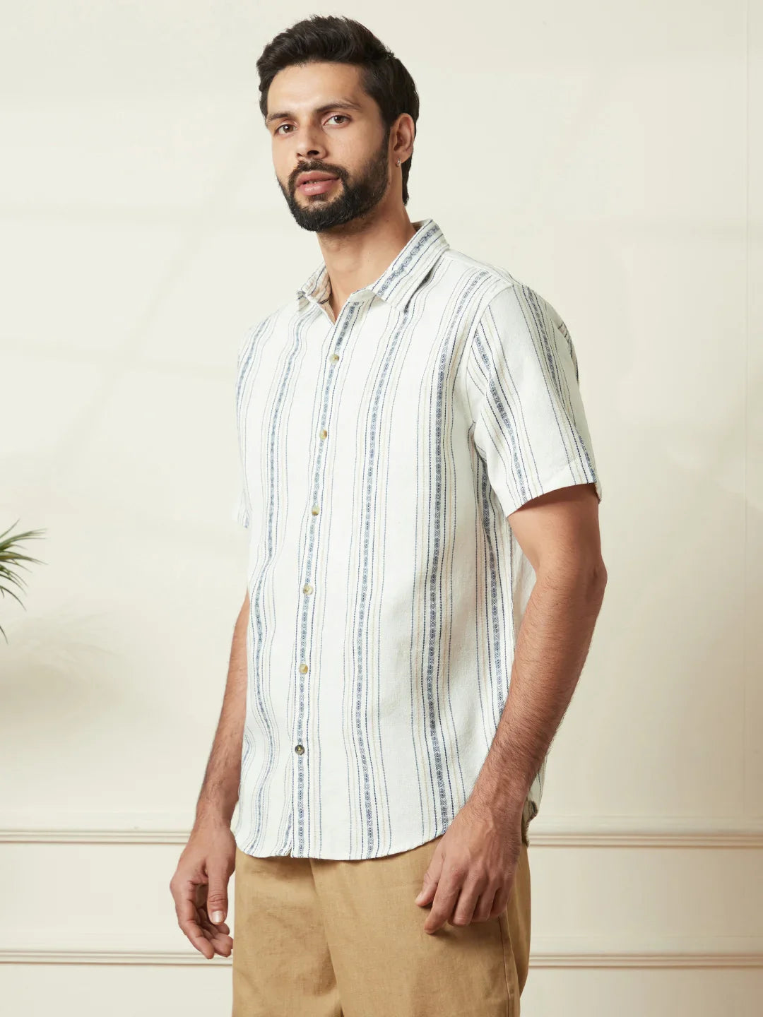 Textured Short Sleeve Striped Shirt  | Off White