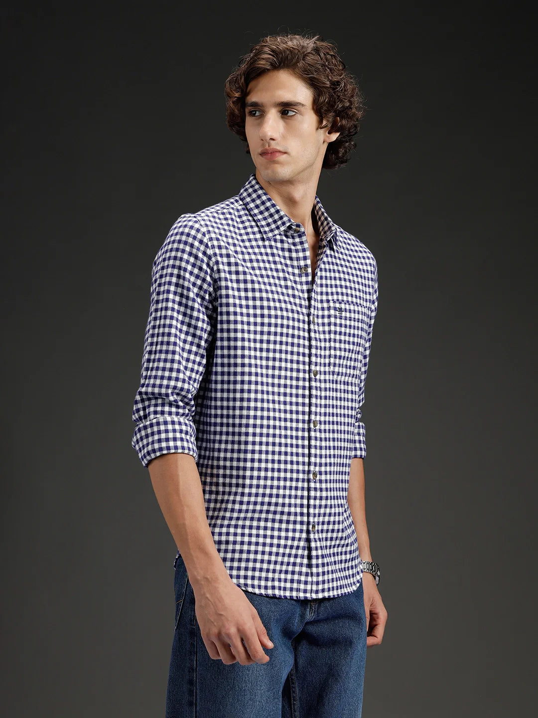 Wrogn Men's Classic Gingham Checked Shirt  | Navy Blue