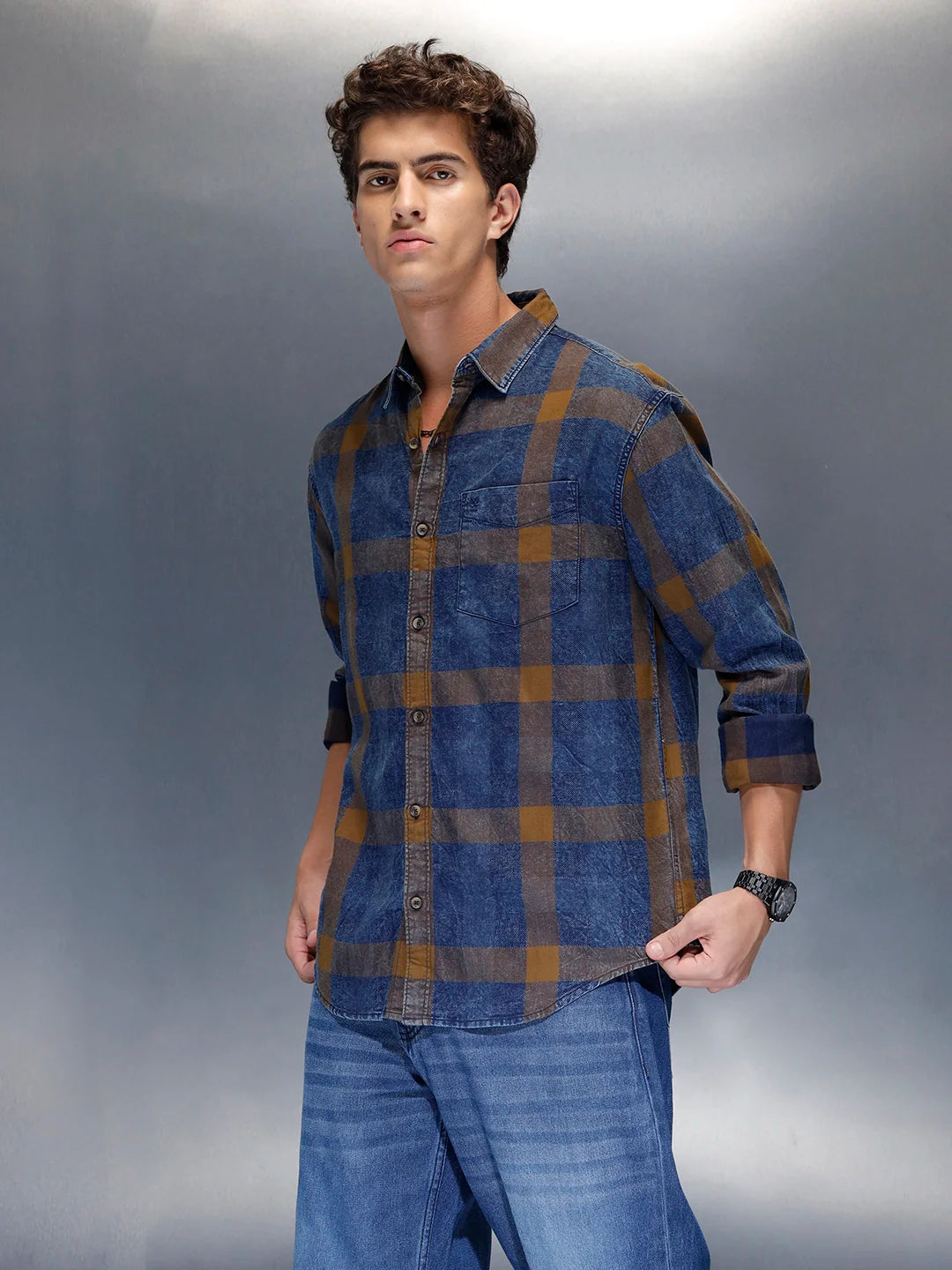Men's casual regular fit checkered pattern shirt | Brown