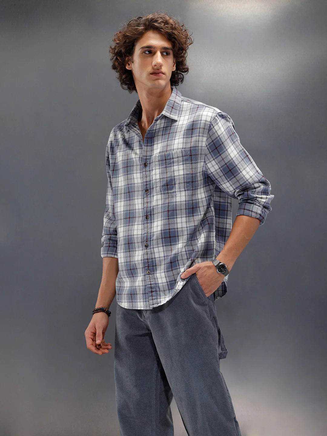Textured Comfort Fit Checkered Pattern Shirt | Grey