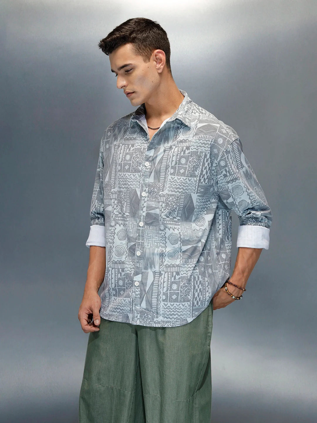 Wrogn Abstract Printed Oversized Fit Shirt | Grey