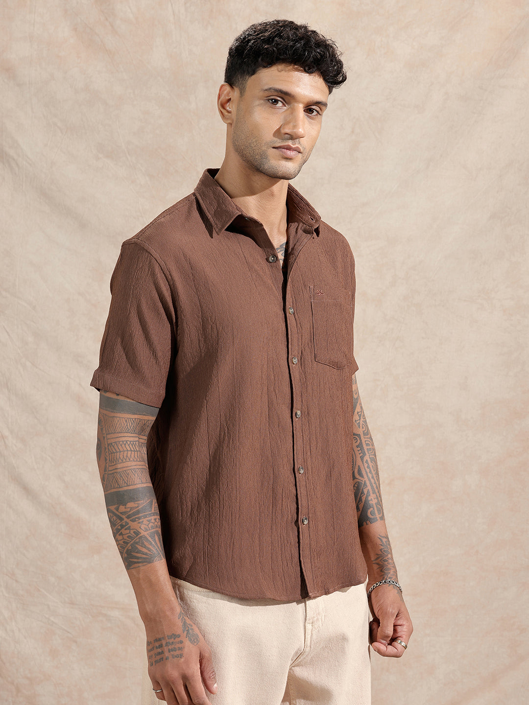 Textured Comfort Fit Shirt | Dark Khakhi