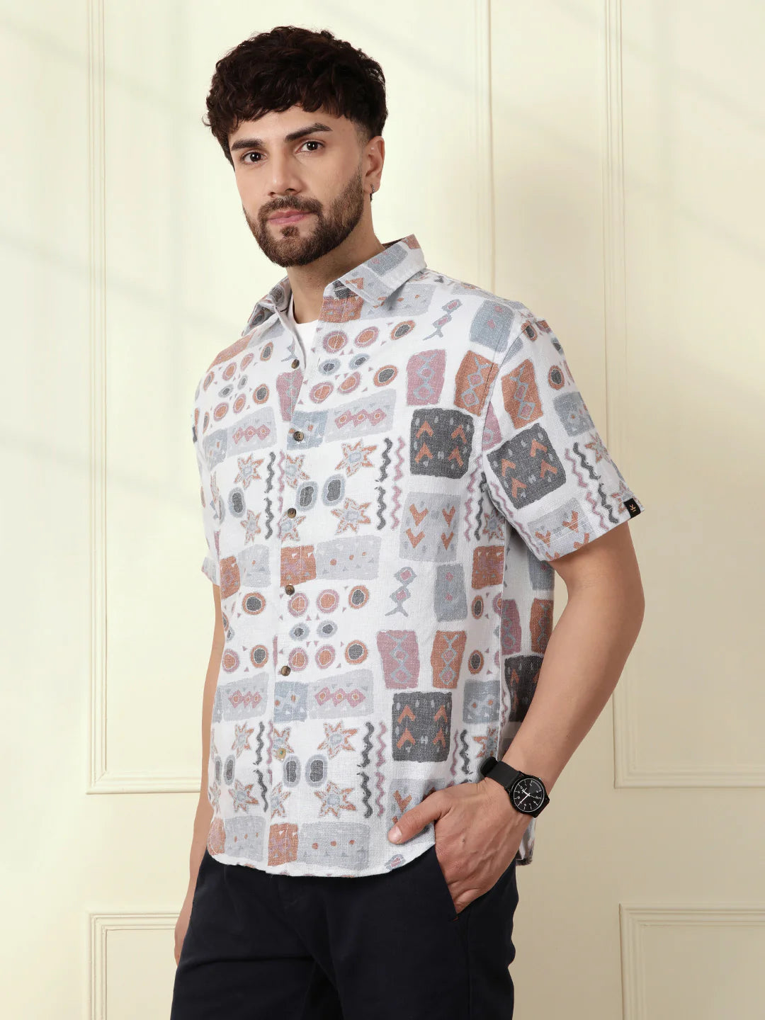 Abstract Printed Open Dobby Shirt | Grey