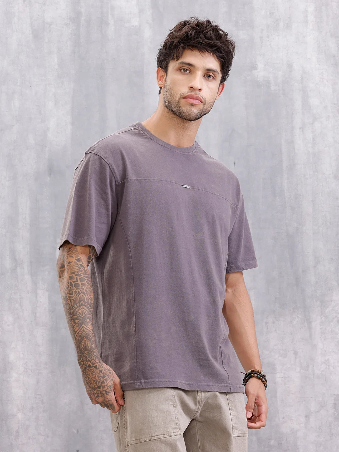 Distressed Grunge Look Oversized Fit T-shirt With Metal Branding | Dark Grey