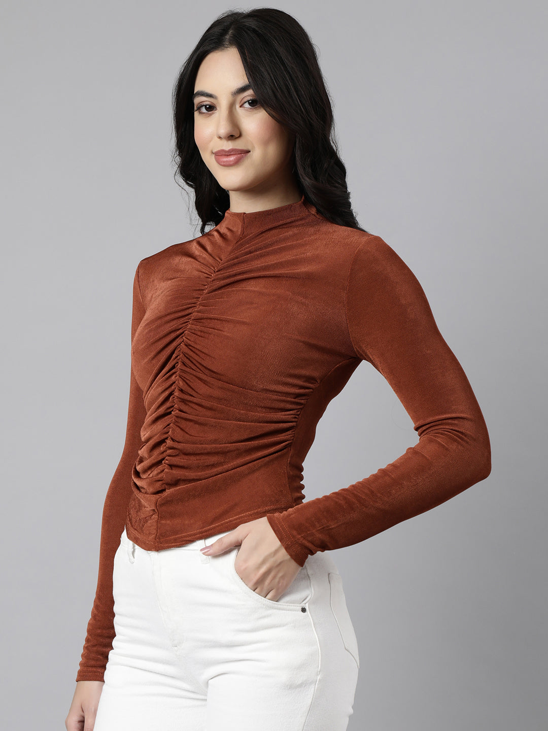 Women's Rust Ruched High Neck Fitted Top