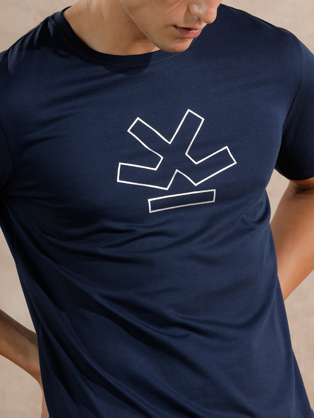 Silver Foil Print Slim Fit T-Shirt | Navy Blue