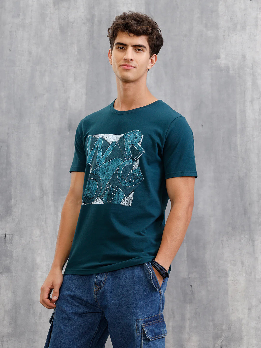 Denim Patchwork Inspired Chest Graphic T-Shirt | Teal