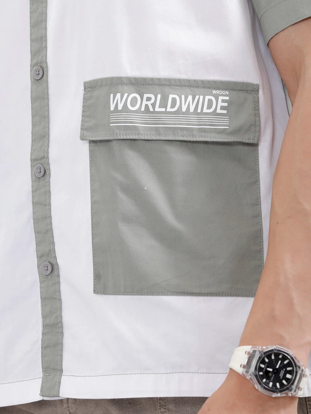 Oversized Fit Colourblock Shirt With Contrast Utility Pockets | White And Grey