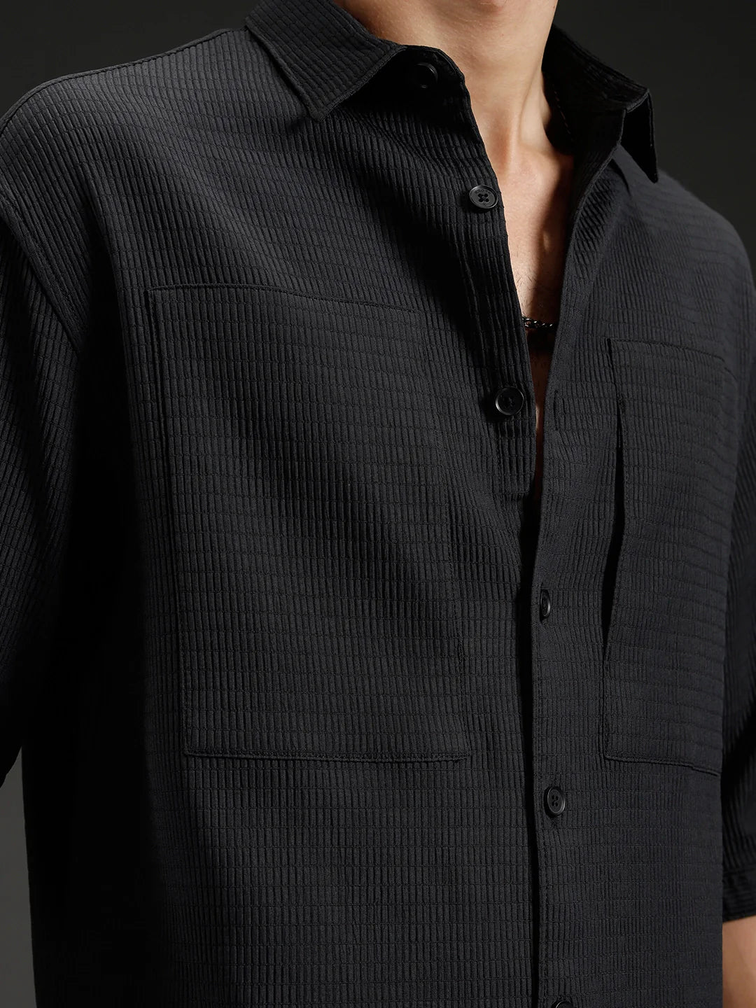Wrogn Textured Button-Down Casual Shirt | Black