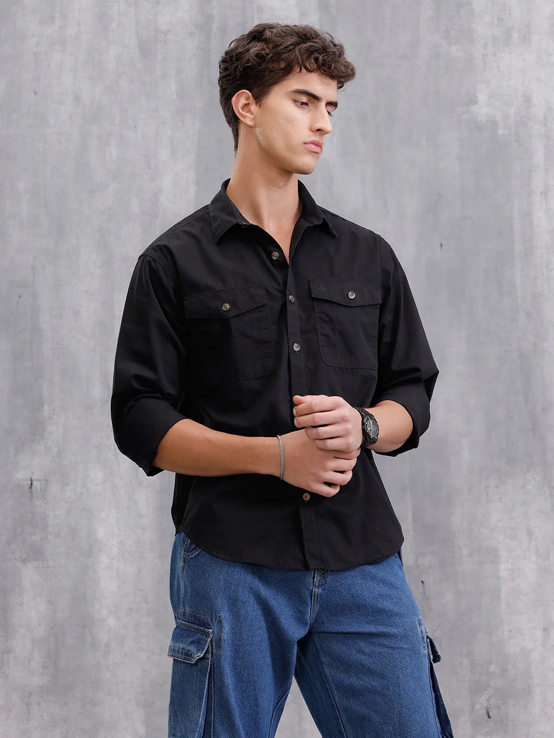 100% Cotton Enzyme Washed Regular Fit Shirt With Double Patch Pocket I Black