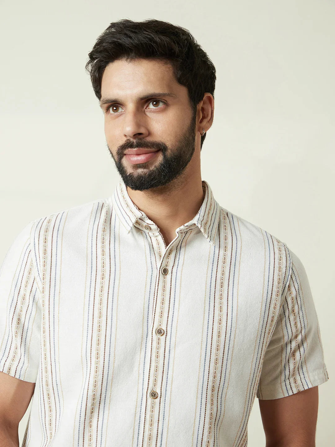 Striped Short Sleeve Textured Shirt  | Off White