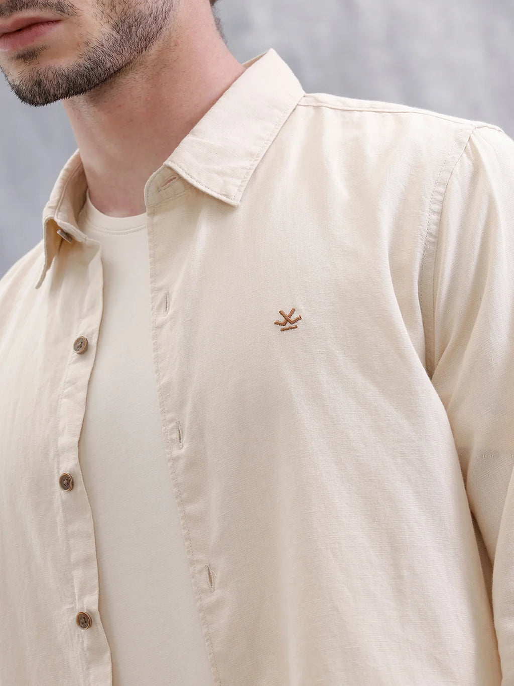 Solid Linen Blend Slim Fit Shirt | Beige