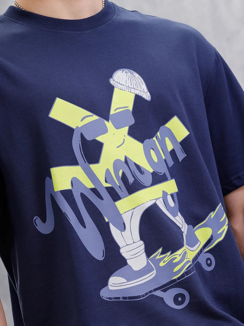 Skater Logo Printed Oversized Fit T-Shirt  | Navy Blue