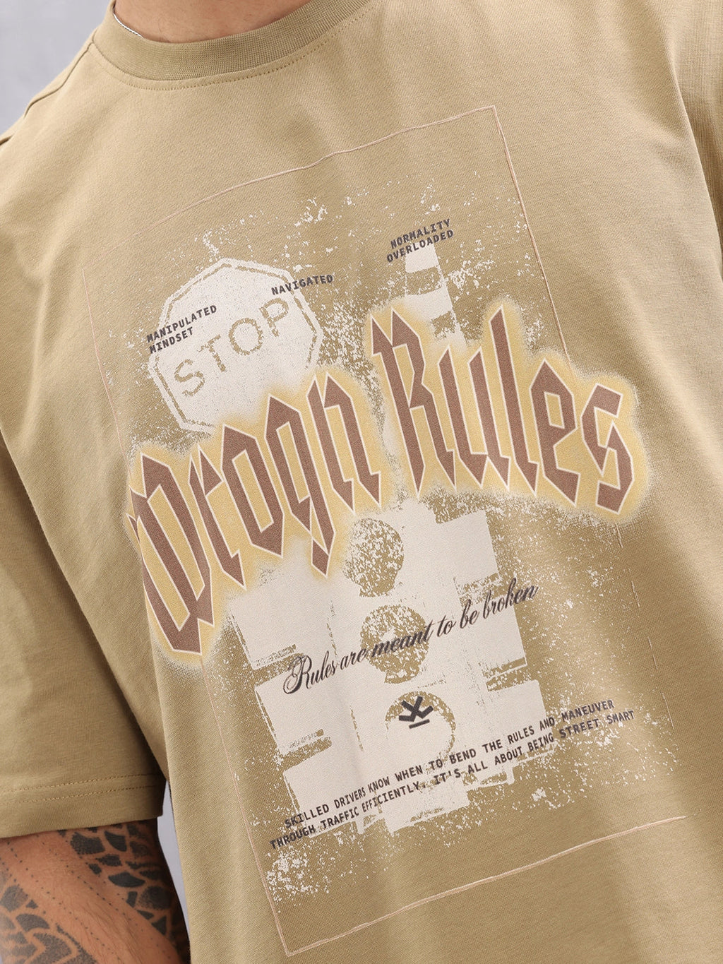 Retro Graphic Printed Oversized Fit T-shirt | Beige