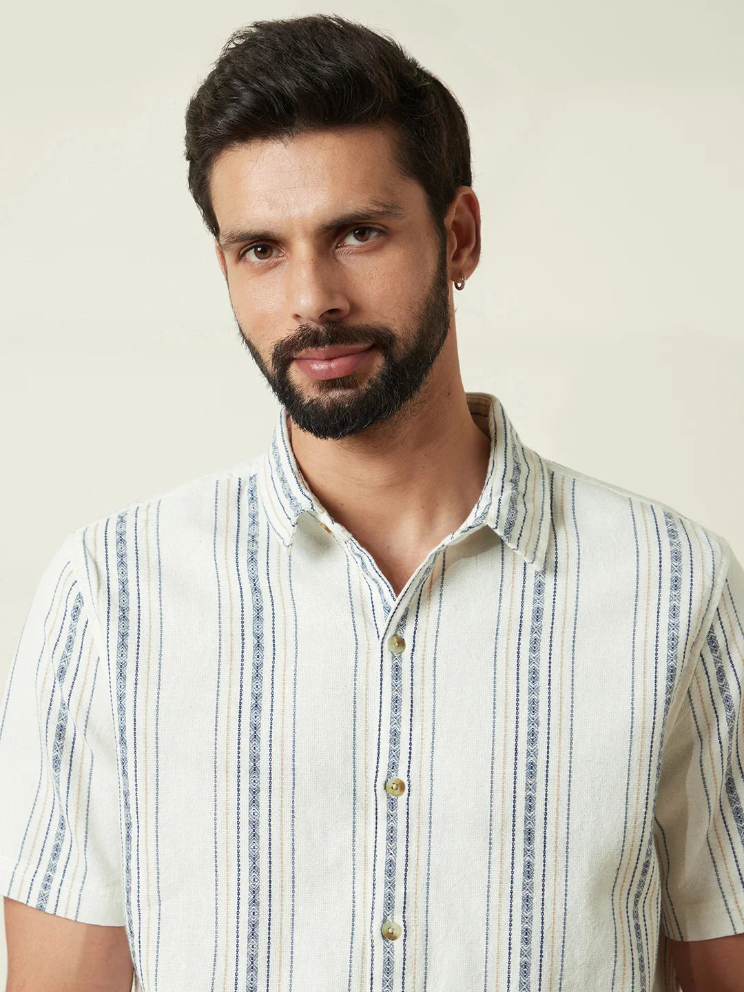 Textured Short Sleeve Striped Shirt  | Off White