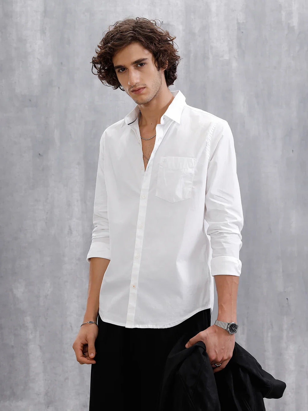 Solid Cotton Blend Slim Fit Shirt | White