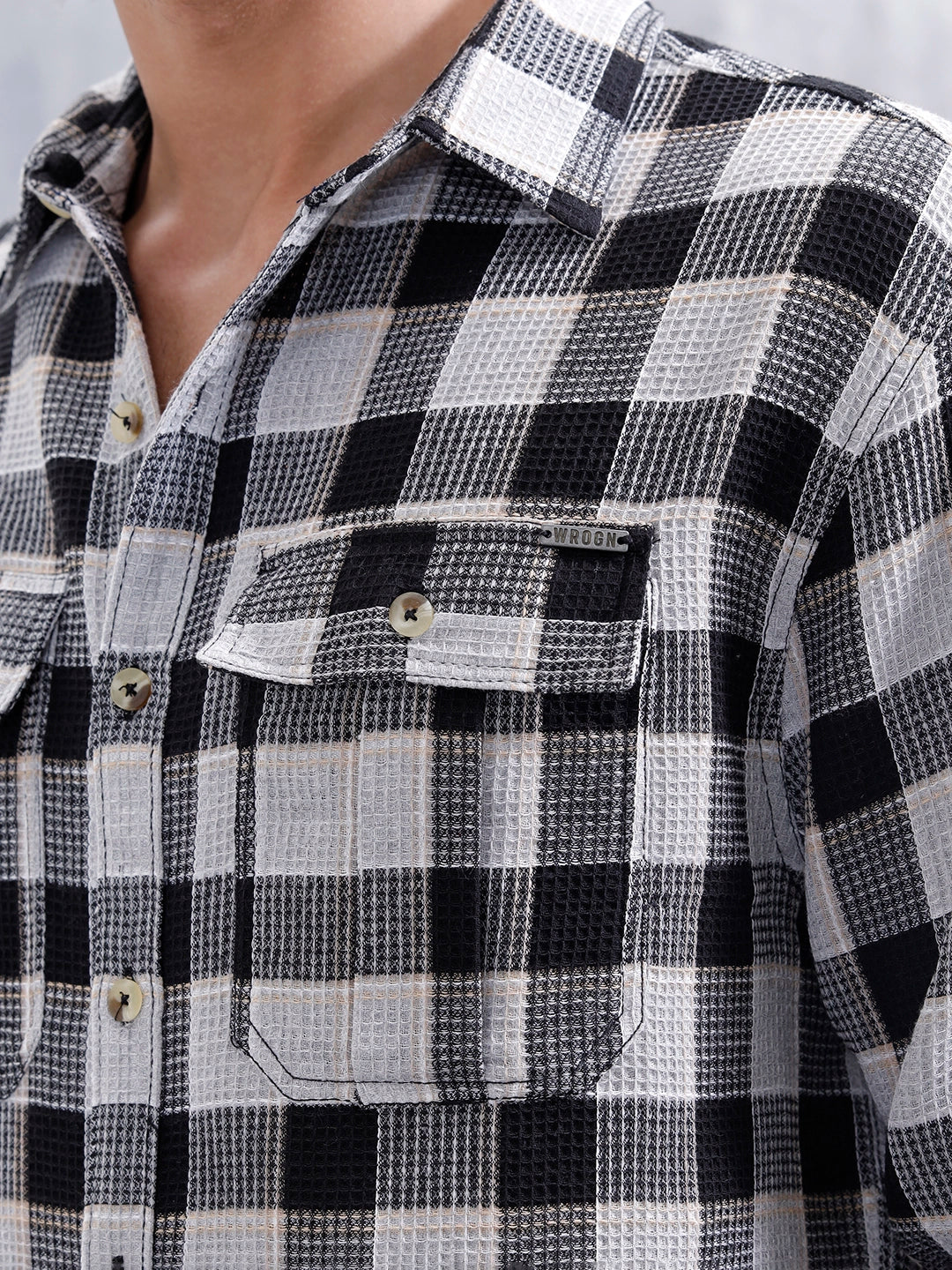 Checkered Pattern Double Pocket Comfort Fit Shirt | Black