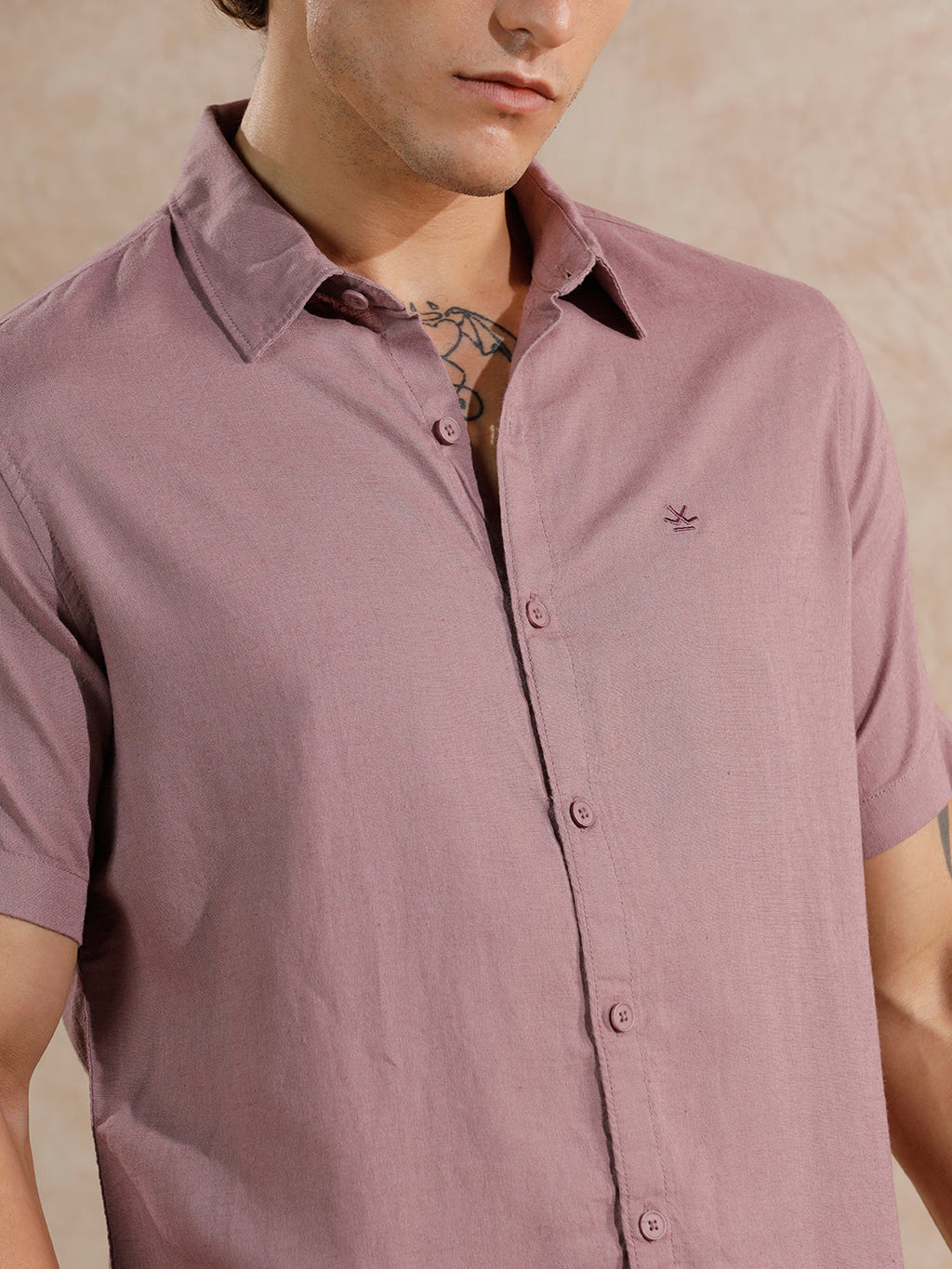 Solid Linen Blend Slim Fit Shirt | Dark Pink