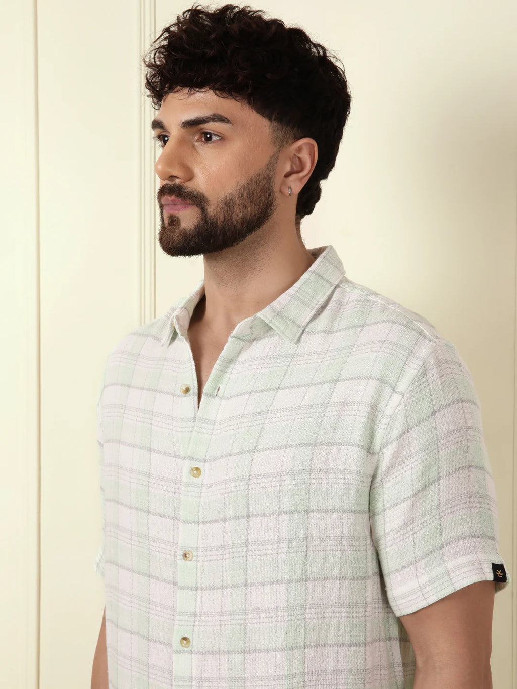 Checked Short Sleeve Textured Shirt | Light Green
