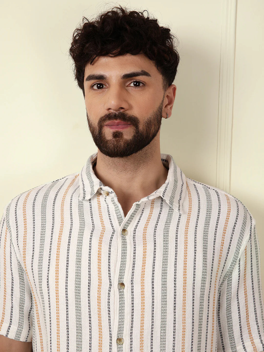 Striped Short Sleeve Textured Shirt | Off White