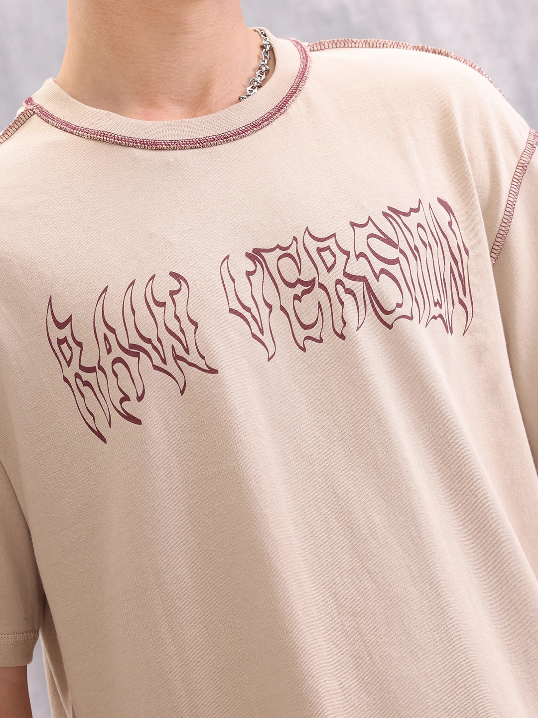 Contrast Stitch Detail Goth Inspired Oversized Fit T-shirt | Beige