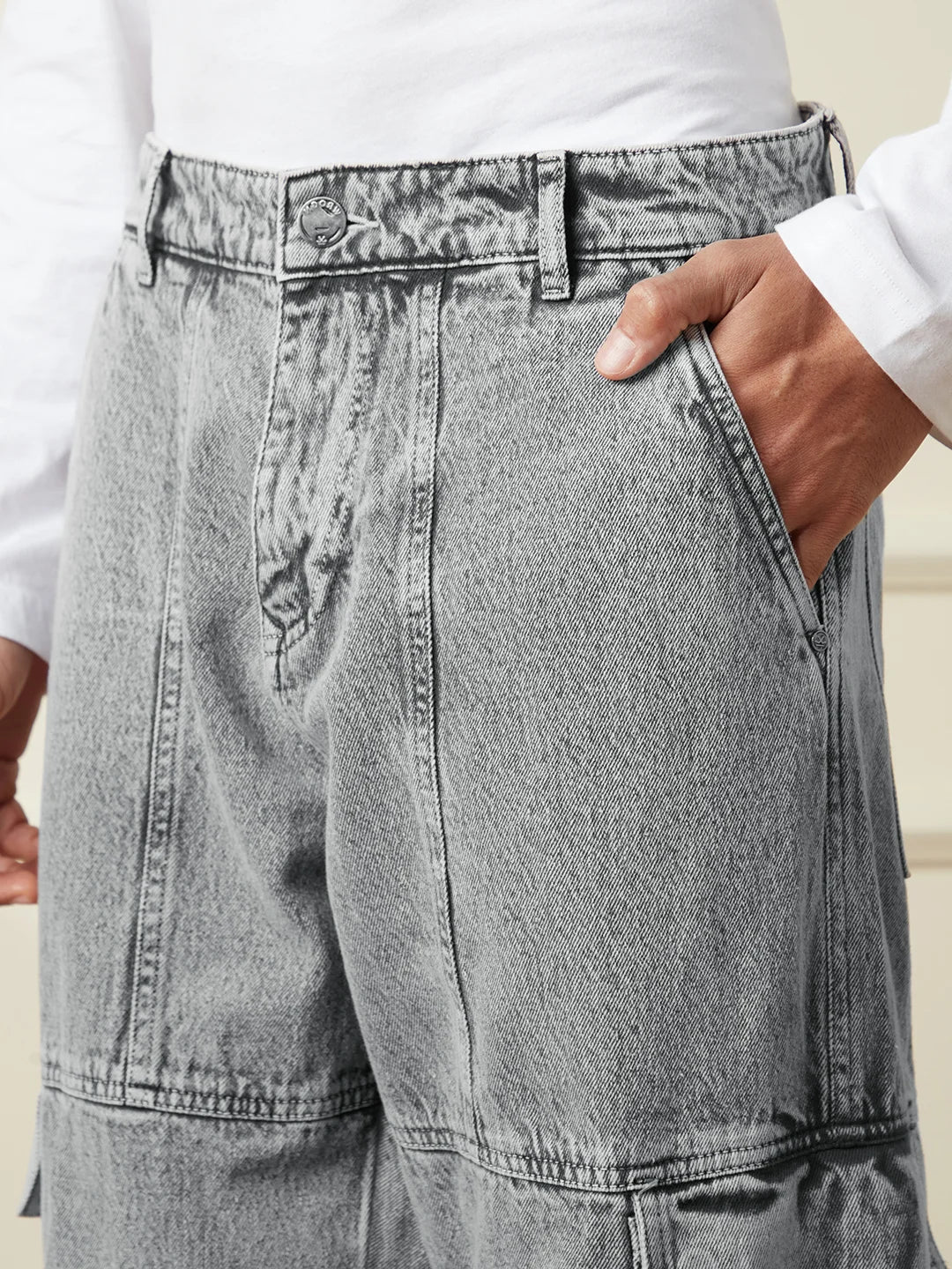 Washed Anti Fit Denim Cargo | Grey