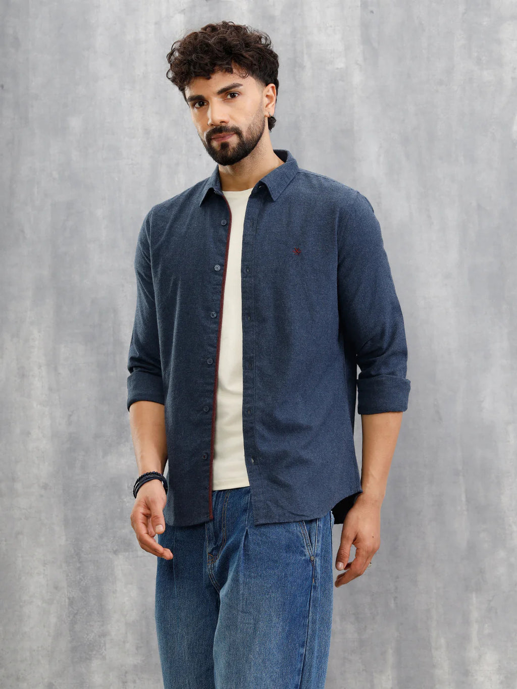 Melange Fabric Smart Shirt In Slim Fit  | Navy Blue